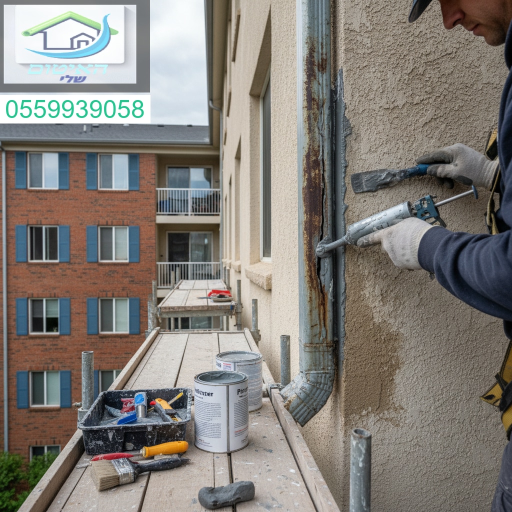 איטום מקצועי למרזב חיצוני סדוק למניעת חדירת מים ולהגנה מיטבית על מבנה הבניין