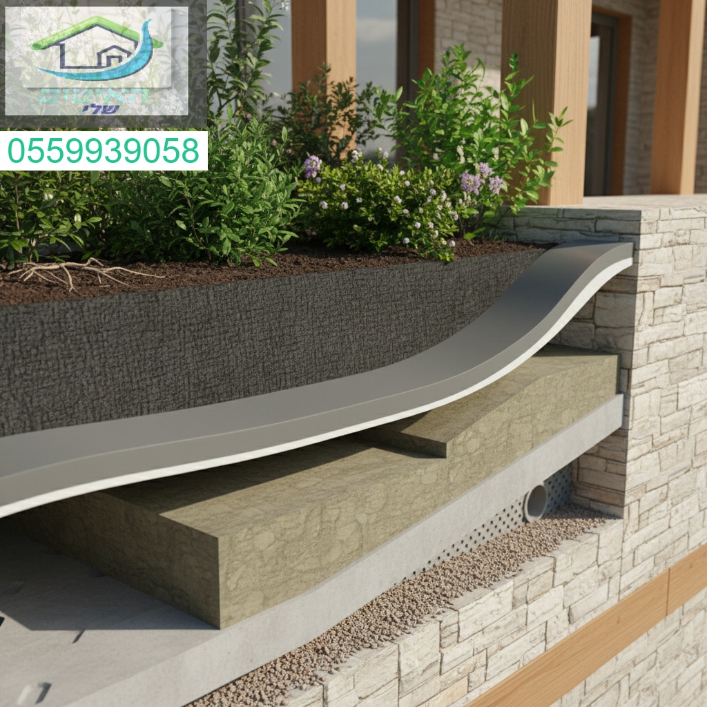 חתך מקצועי הממחיש פתרון מתקדם לאיטום והגנה מפני חדירת שורשים באדנית בנויה או מרפסת גן