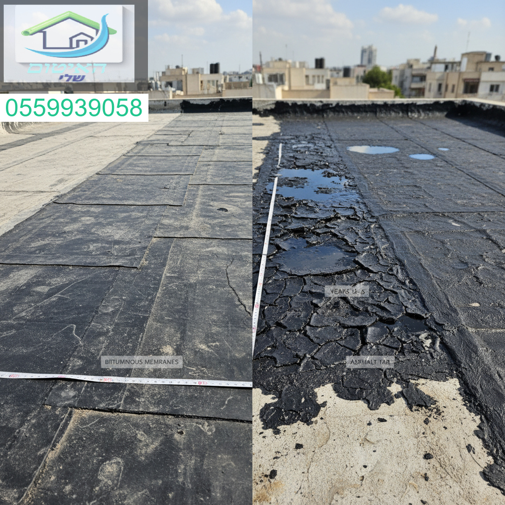 השוואה ברורה בין איטום ביריעות ביטומניות שמחזיק לאורך שנים לבין זפת שמתפוררת ומתקלפת בזמן קצר