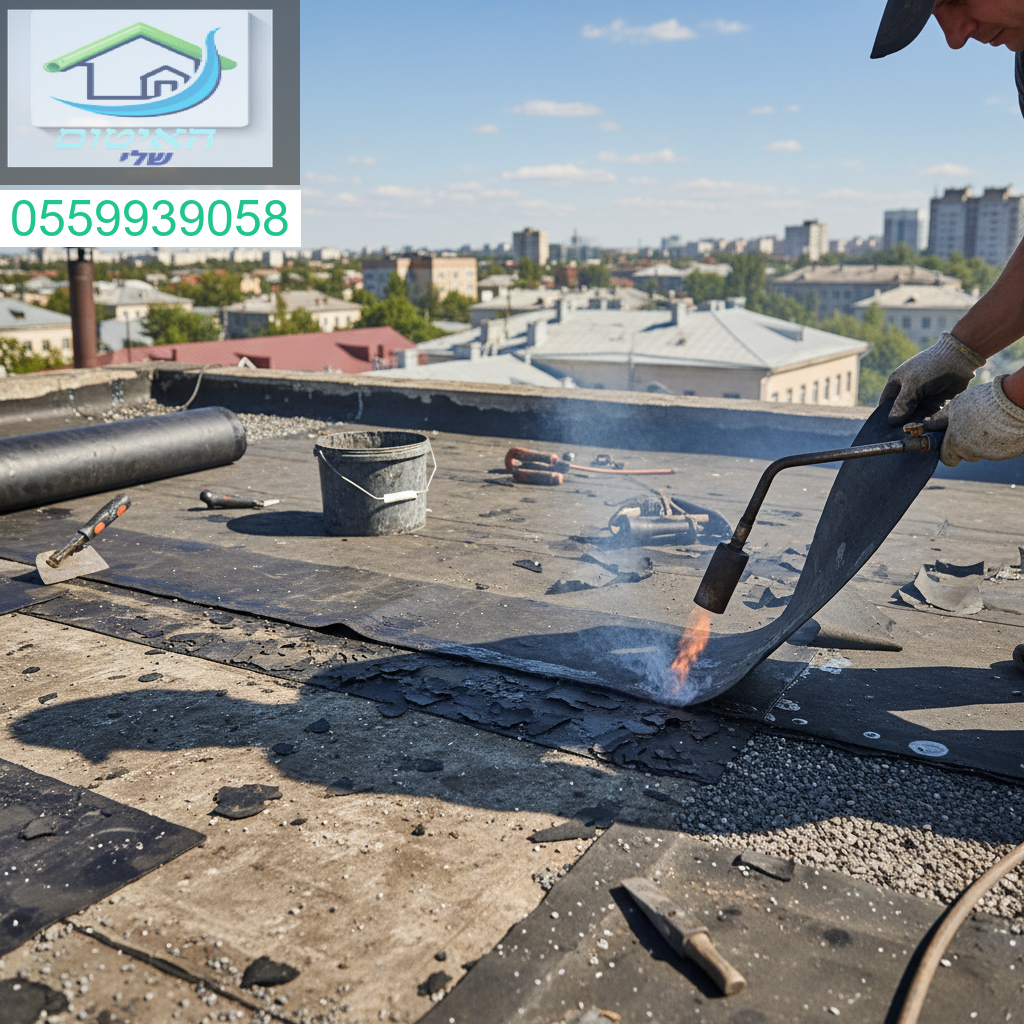 תיקון מקצועי של איטום מקומי בגג עם יריעות ביטומניות בלויות לחידוש ההגנה המלאה מרטיבות