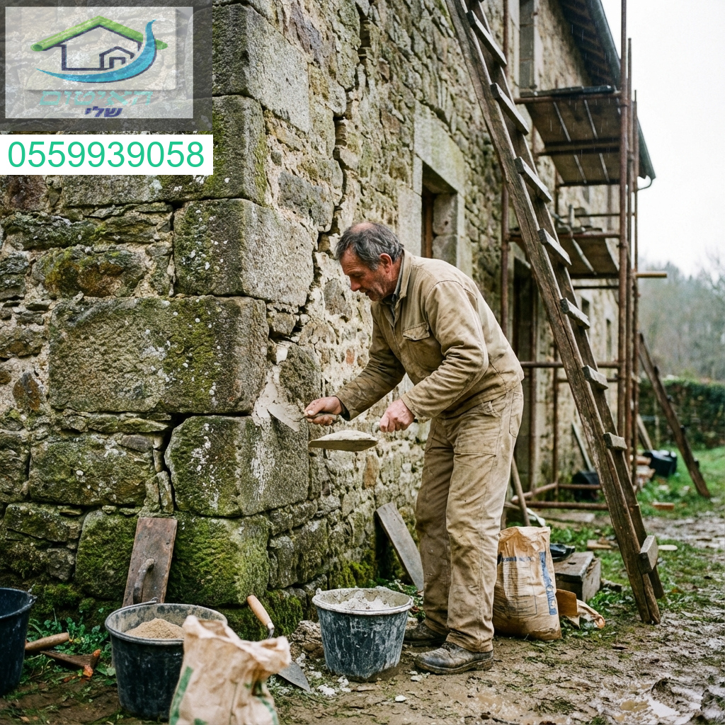כן התמונה קשורה לאיטום סדקים ושיקום קירות חיצוניים.תיאור:
אומן מקצועי משקם קירות אבן חיצוניים במומחיות לאיטום מושלם ועמידות מרשימה.