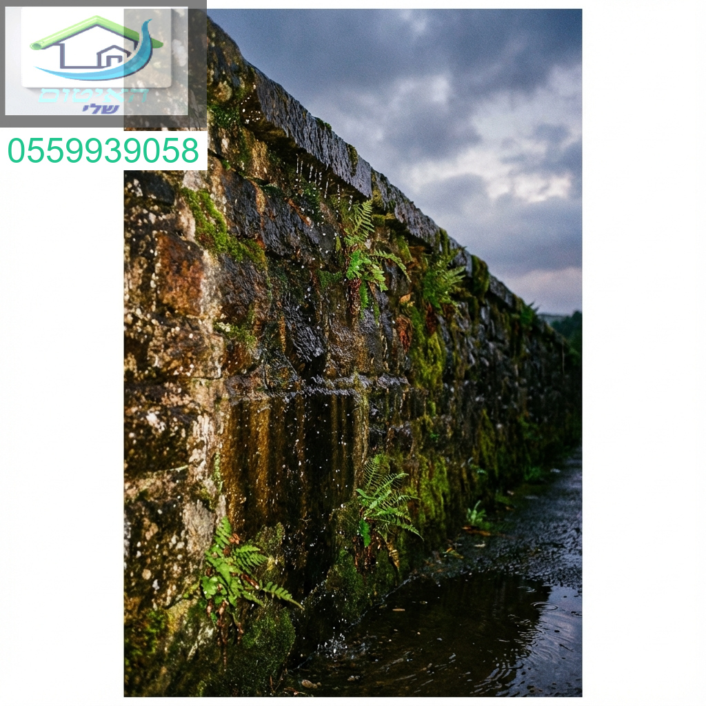 קיר אבן שותה את הגשם ופורח ירוק.